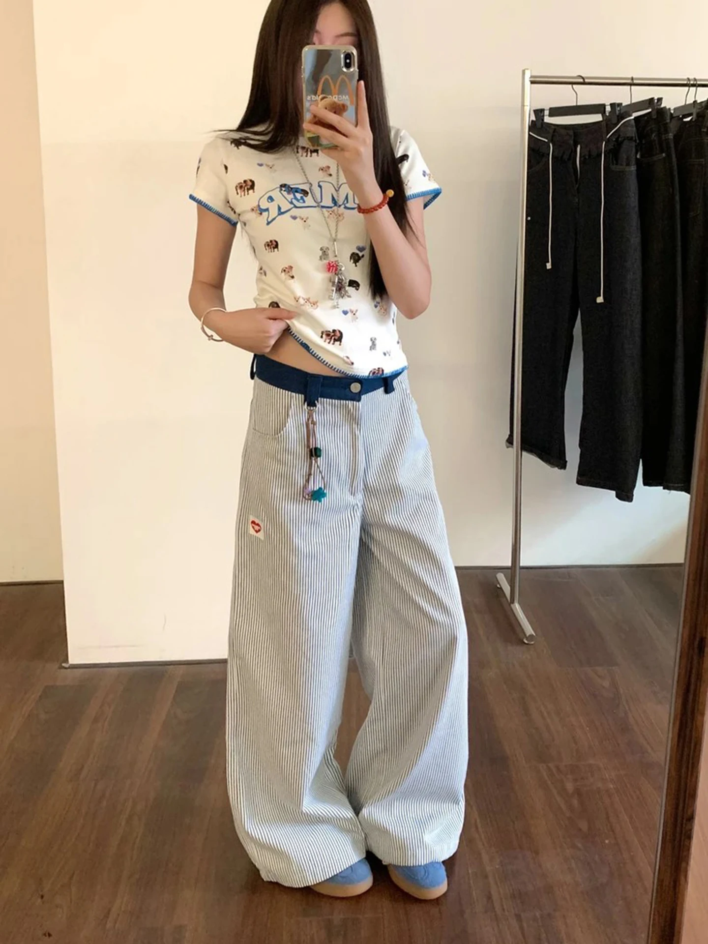 

Брюки с высокой талией, черные, в полоску, с вышивкой в виде сердца, унисекс, летние, повседневные, широкие, в корейском стиле, для города