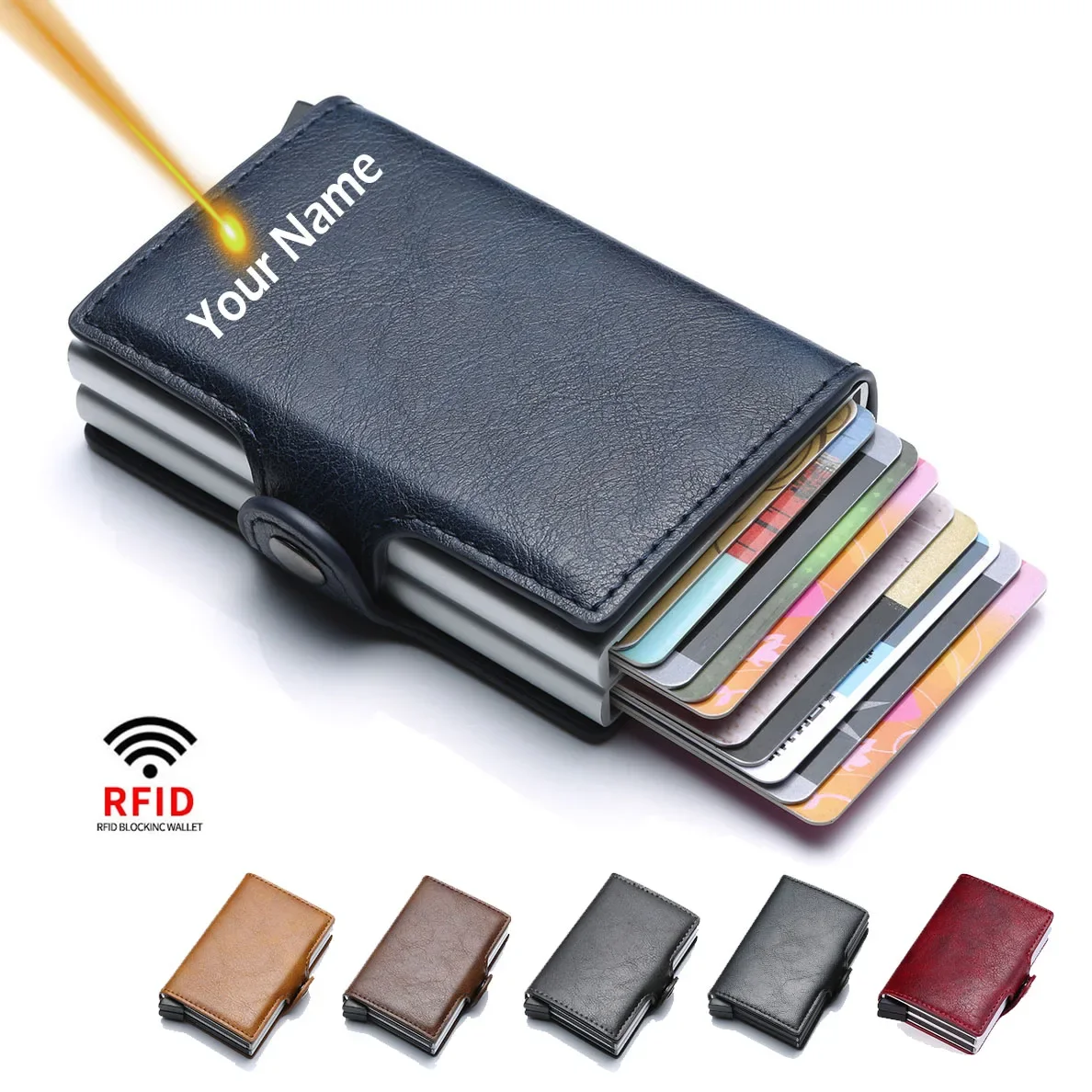 Rfid Blocking Protection Men Id Credit Card Holder Wallet Leather Metal Aluminum Business Bank Card Case CreditCard Cardholder