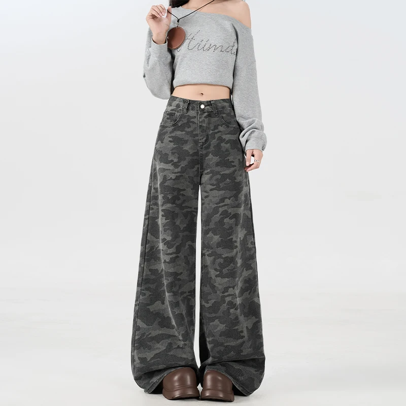 American high street camouflage wide-leg women2025Year grey high waist loose slim workplace mopping jeans