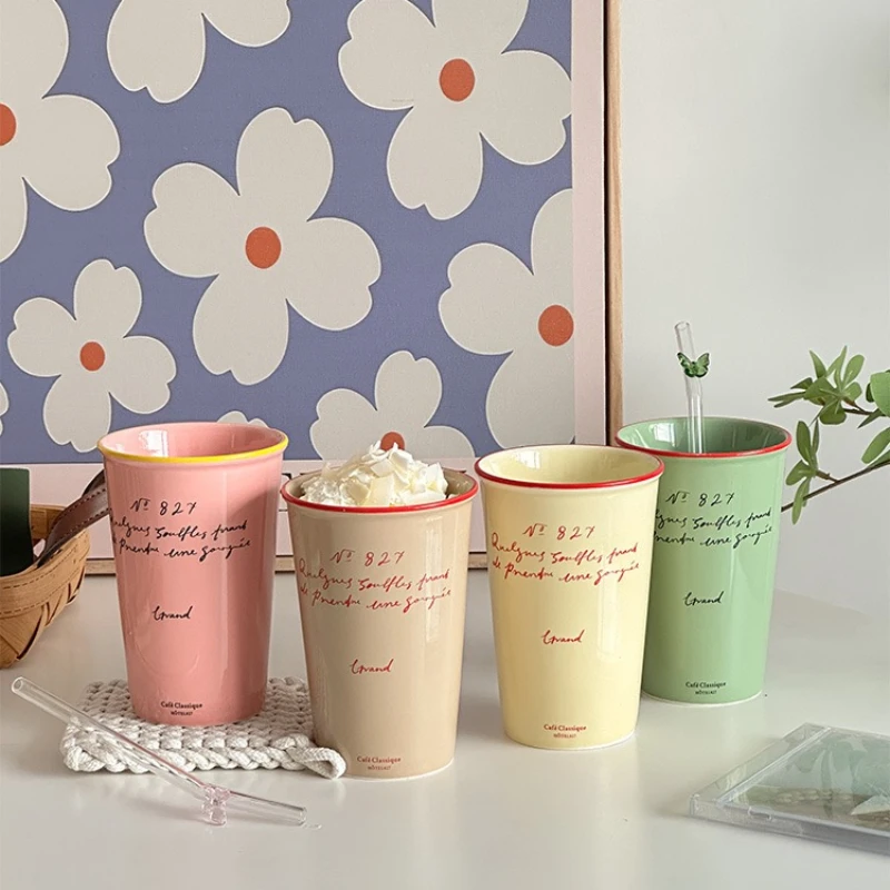 French Ceramic Coffee Mug 450ml Water Cup Vintage Paper Cup Letters Ceramic Hand Hold Tall Mug Coffee Cups Breakfast Juice Mugs