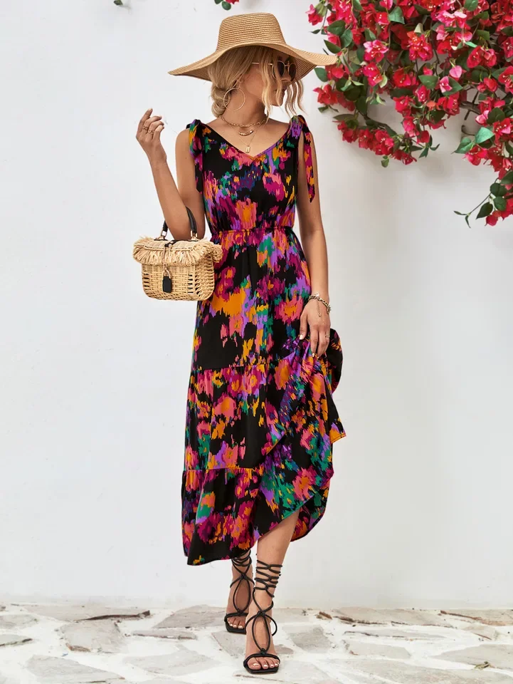 Sexy V Neck Spaghetti Strap Dress Office Lady Spring Summer Fashion Elegant Floral Print Sleeveless Dresses For Women 2023 Black