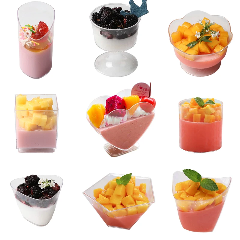 100pcs/set Plastic Dessert Pudding Cup Disposable Cups Trapezoidal Food Container for Jelly Yogurt Mousses Dessert Baking Tool