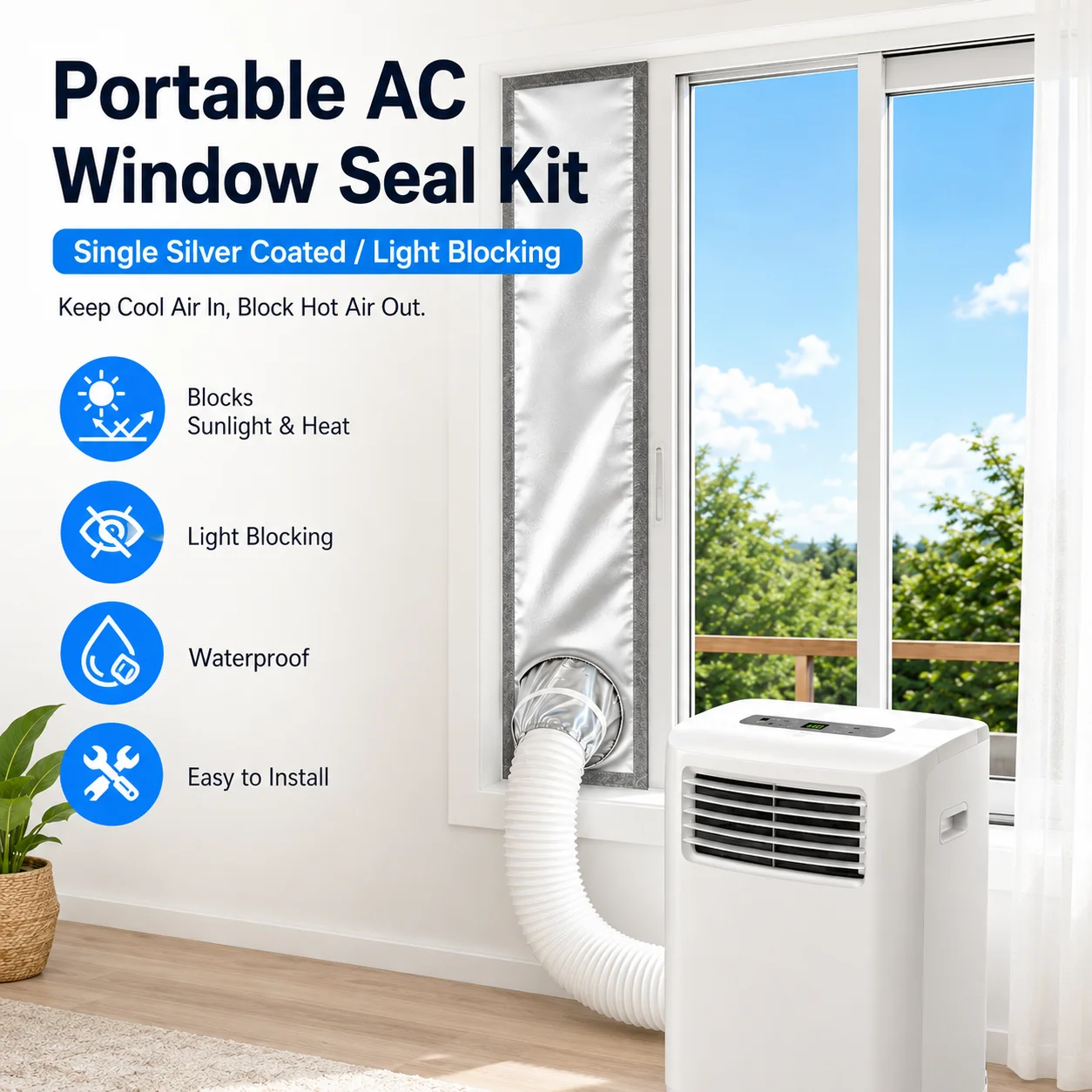 Silver Coated Portable AC Window Seal Kit for Sliding Door Window Exhaust Hose Sunshade Blackout Heat Insulation Cover