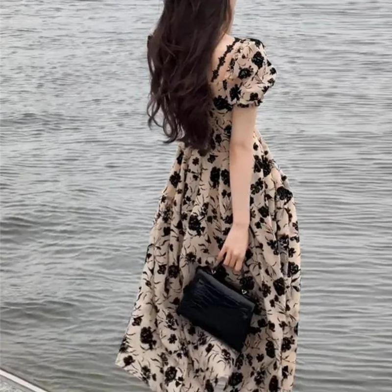 Dried Rose Hepburn Style Dress French High Waist Dress with Unique Design, Tea Break Floral Long Dress for Women