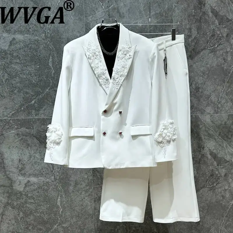 WVGA Spring Autumn New Men Tide Embroidered 3D Flower Trendy Blazer Niche Chic Casual Straight Suit Pants Two Pieces Sets W19180