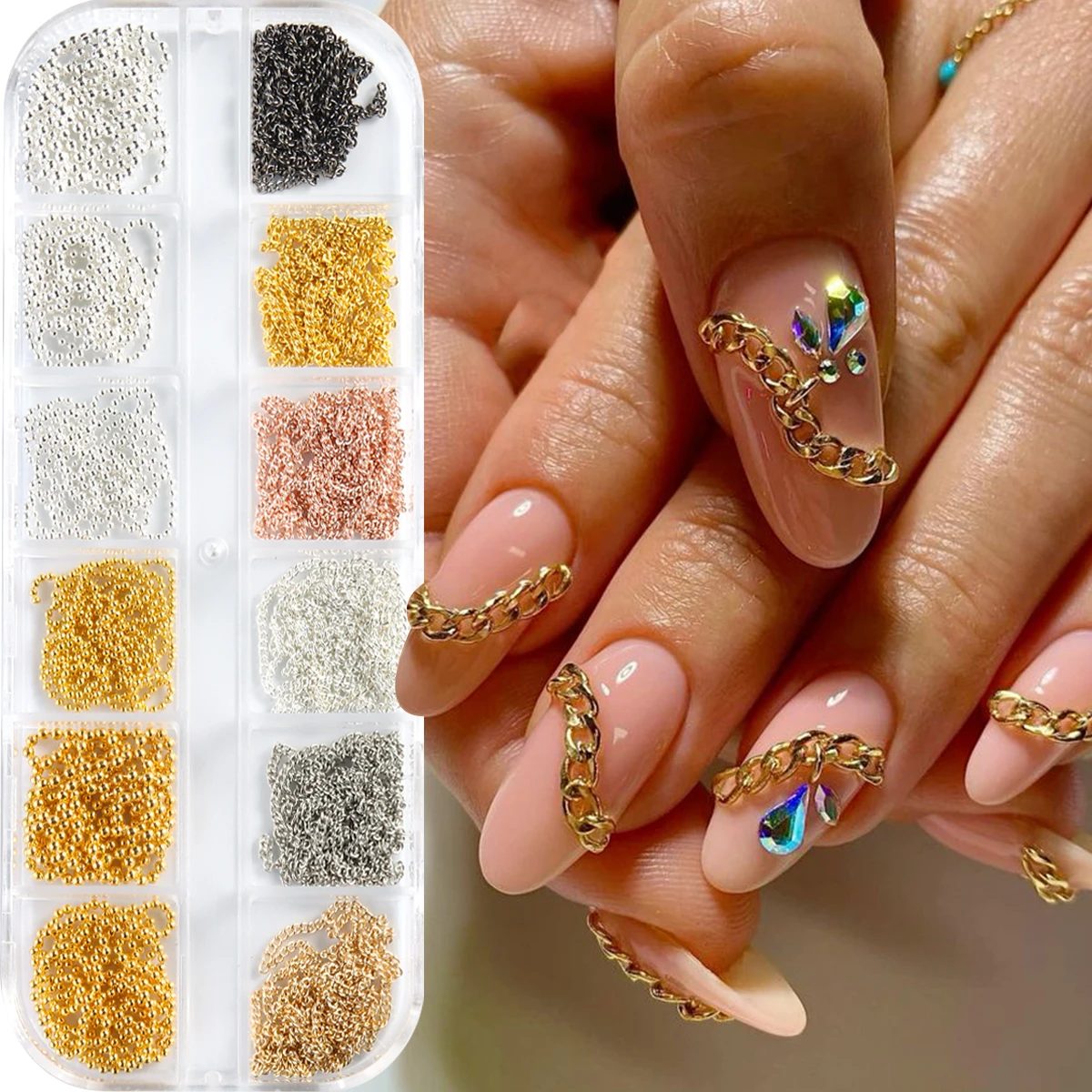 Metall-Nagelkunstketten, Gold-Silber Nagelketten, 3D Nageldekoration, Charmanter Nagelschmuck, Persönlicher Nageldesign-Ornament für Maniküre