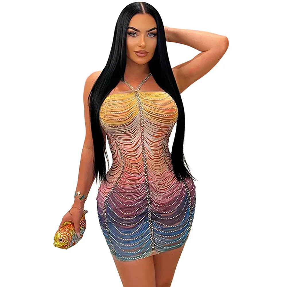 Elegant Luxury Rhinestone Halter Spaghetti Strap Mini Dress Women Sexy Night Club Bodycon Evening Birthday Prom Vestidos