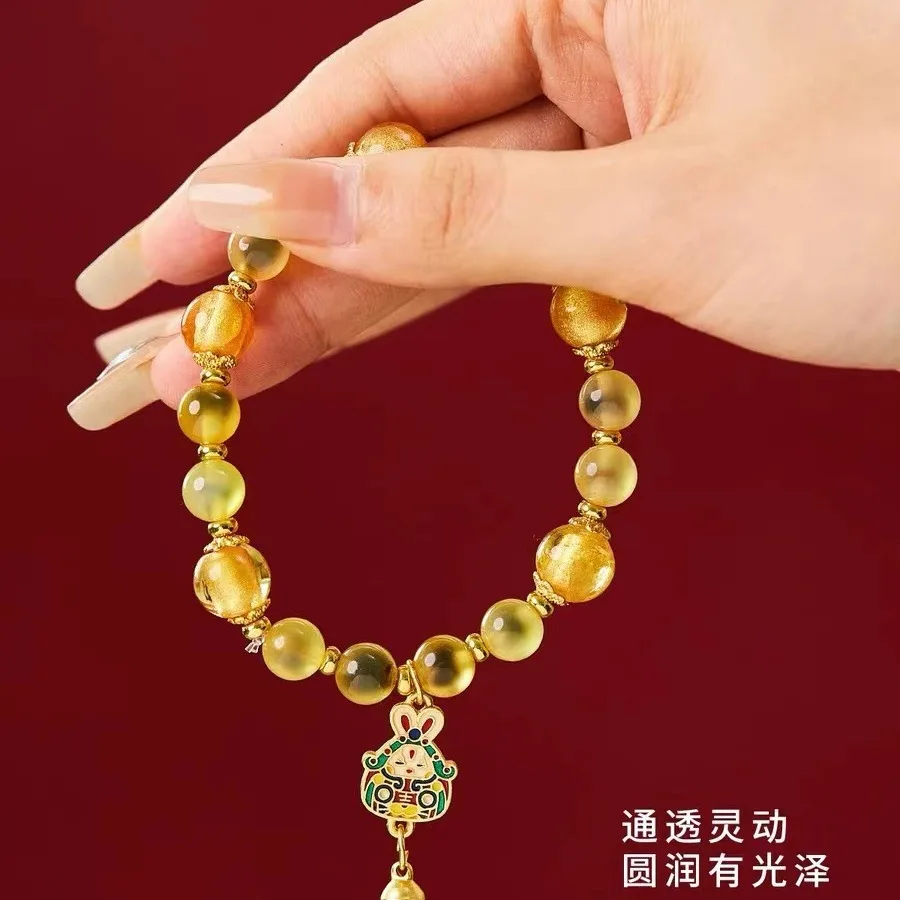 China Fragrant Grey Glass Hand Strands Gold Foil Glass Beads Rabbit God Half Sugar Bracelet Temple