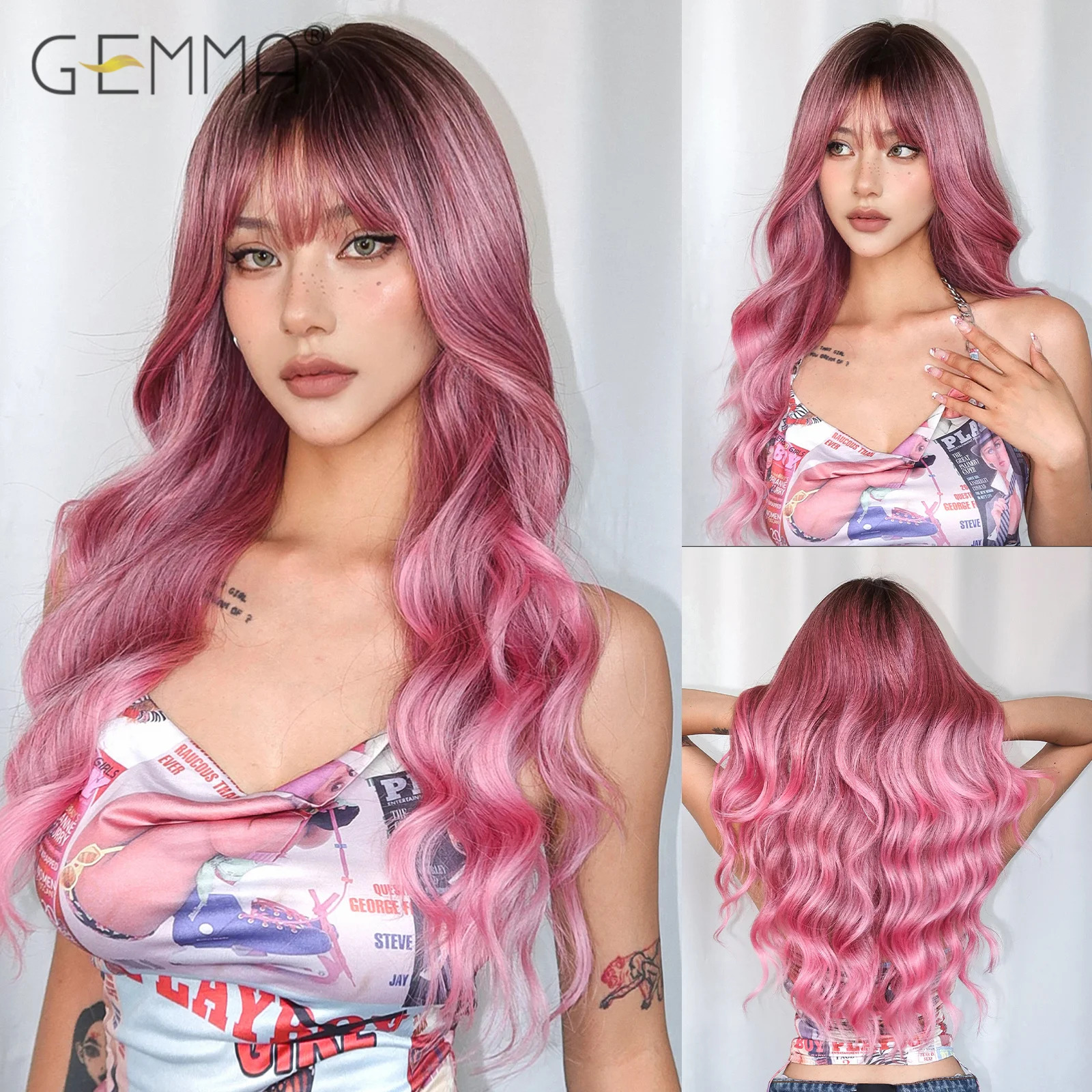 

GEMMA Synthetic Long Water Wave Ombre Pink Wig with Bangs Colorful Halloween Hair Wigs for Women Cosplay Party Heat Resistant