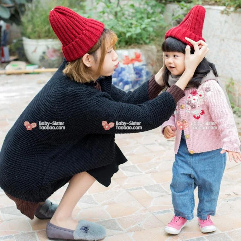 Kids Winter Hats for Baby Boy Girl Solid Color Korean Crochet Bonnet Knitting Hat for Mom Dad Kid Hat Family Matching Outfits