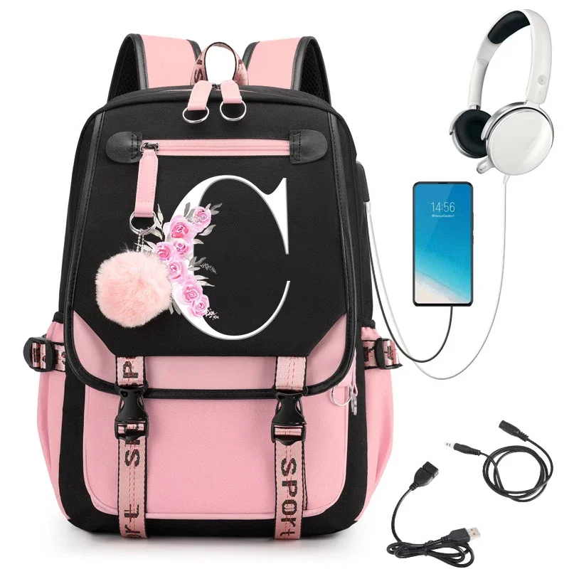 School Backpacks Trend Cherry Blossom Black Gradient Pink 26 A-Z Alphabet Street Trend Sakura Fashion Zipper Aesthetic Backpack