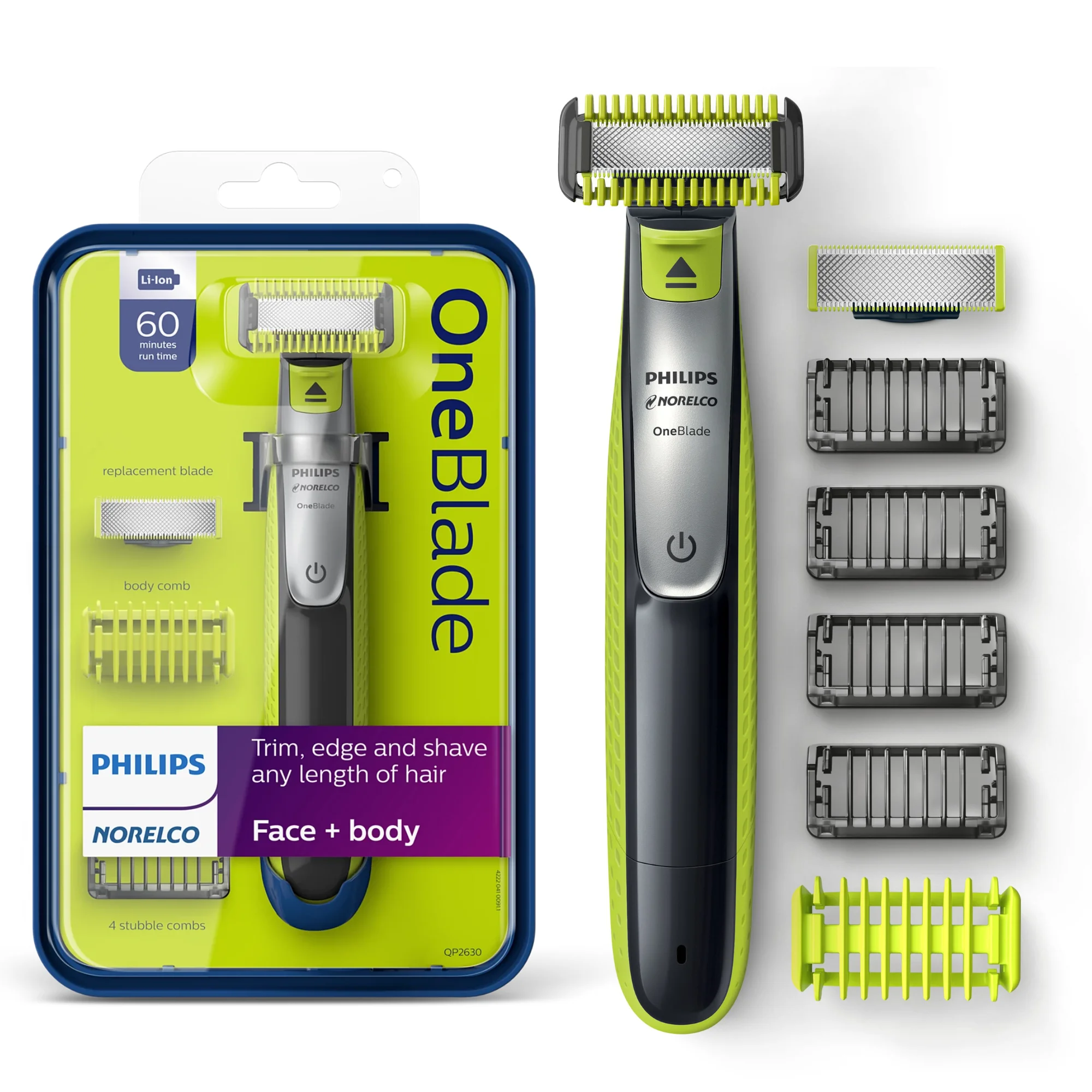 Philips Norelco OneBlade Electric Razor and Beard Trimmer for Men, Wet & Dry, with Comb and Body Hair Trimmer Kit, QP2630/70