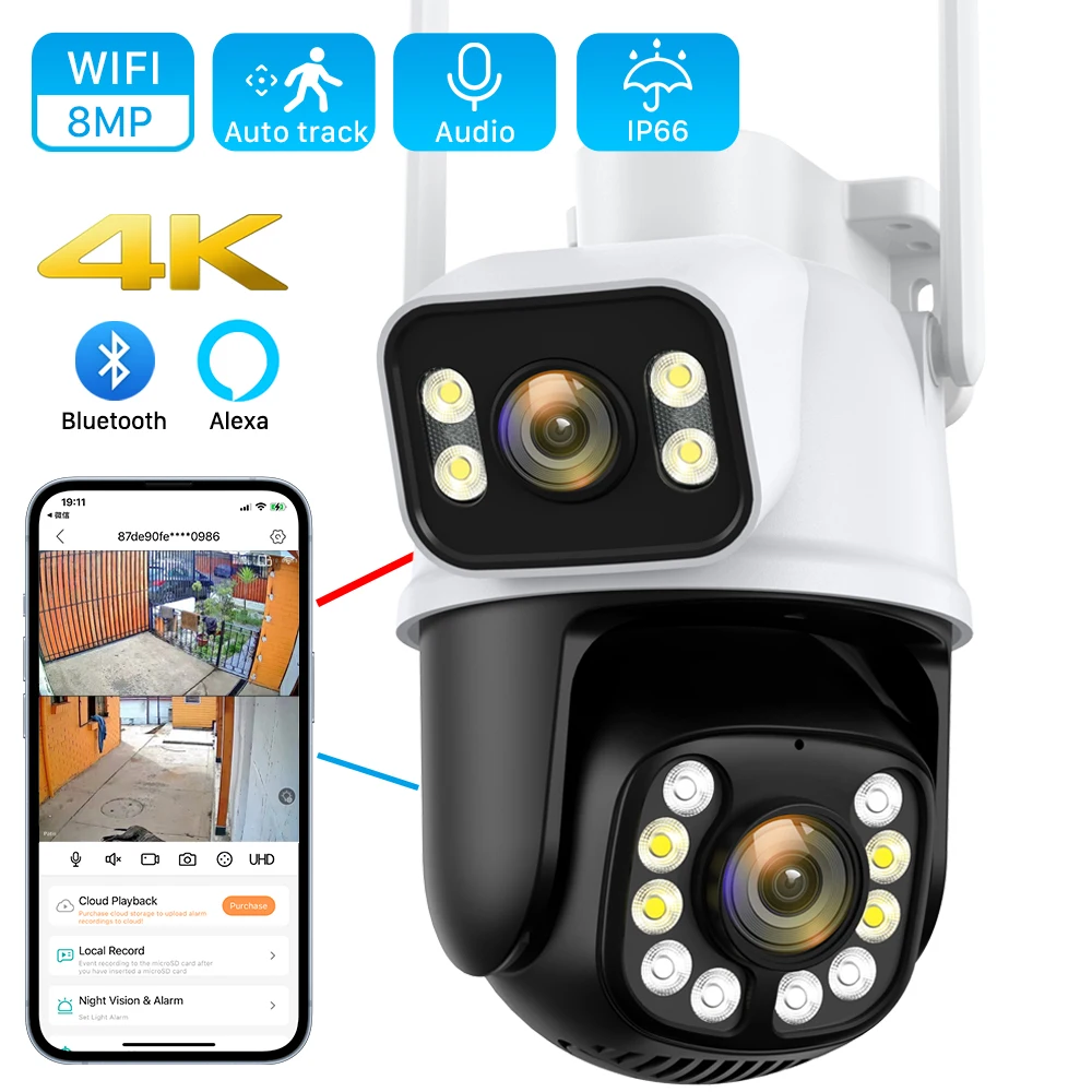 4K 8MP Outdoor Wireless Security Camera Dual Lens Dual Screen AI Human Detect Auto Tracking PTZ Wifi Survalance Camera iCSee App