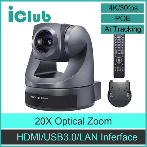 Cámara de vídeo PTZ con seguimiento automático AI, 4K30fps, USB, HDMI, LAN, Zoom 20x, cámara de conferencia, compatible con POE para reuniones, iglesia, transmisión en vivo
