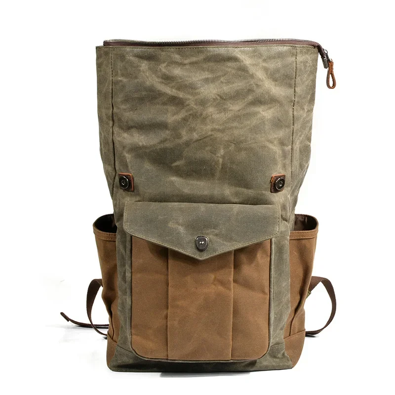 Ruil Men Retro Leather Waxed Canvas Backpack Outdoors Waterproof Vintage Camping Travel Backpacks