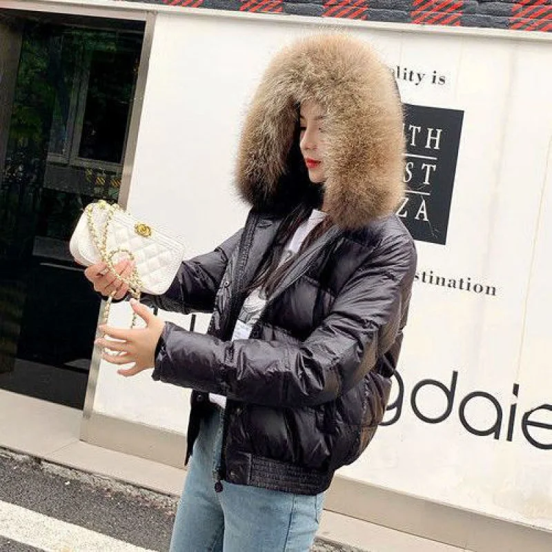 Women\'s hooded down jacket leather collar white eiderdown down jacket tight warm slim fashion outdoor comfort Short style coat