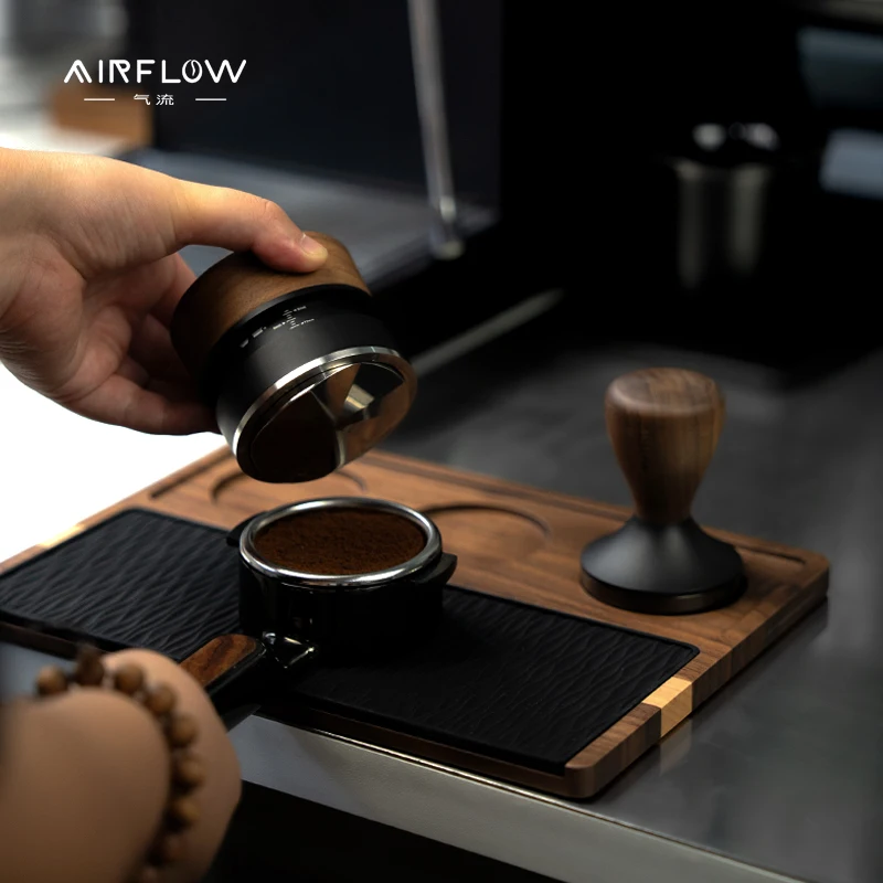 AIRFLOW Wood Tamping Station, Walnut Espresso Tamping Holder with Silicone Pad, 51/53/58mm Coffee Portafilter Barista Tools