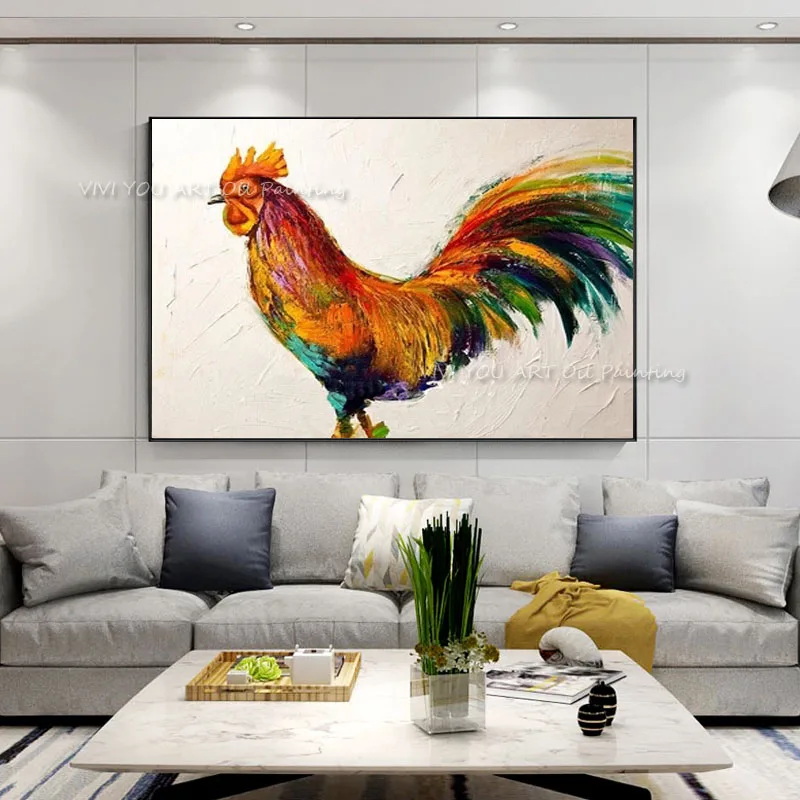 

100% Handpainted Oil Paintings Wall Pictures Animal Oil Painting on Canvas Beautiful Rooster Wall Art for Home Decoration