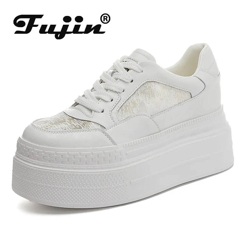 

Fujin 8 см воздушная сетка из искусственной кожи, синтетическая микрофибра, массивные кроссовки, тапочки, сандалии на танкетке, кожаные женские тапочки на плоской подошве