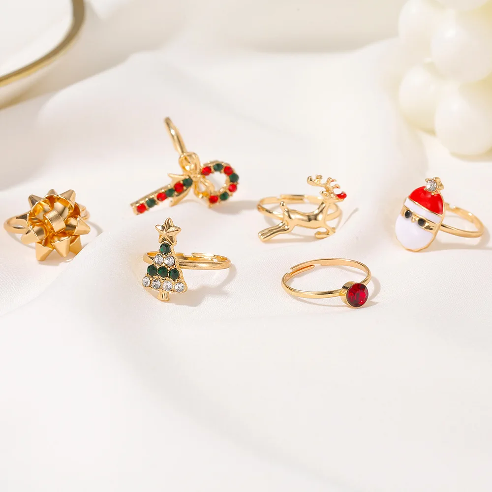 6 Pcs/Set Punk Cute ​Trendy Elk Snowman Santa Claus Geometric Opening Adjustable Rings For Woman Girl Christmas Gifts