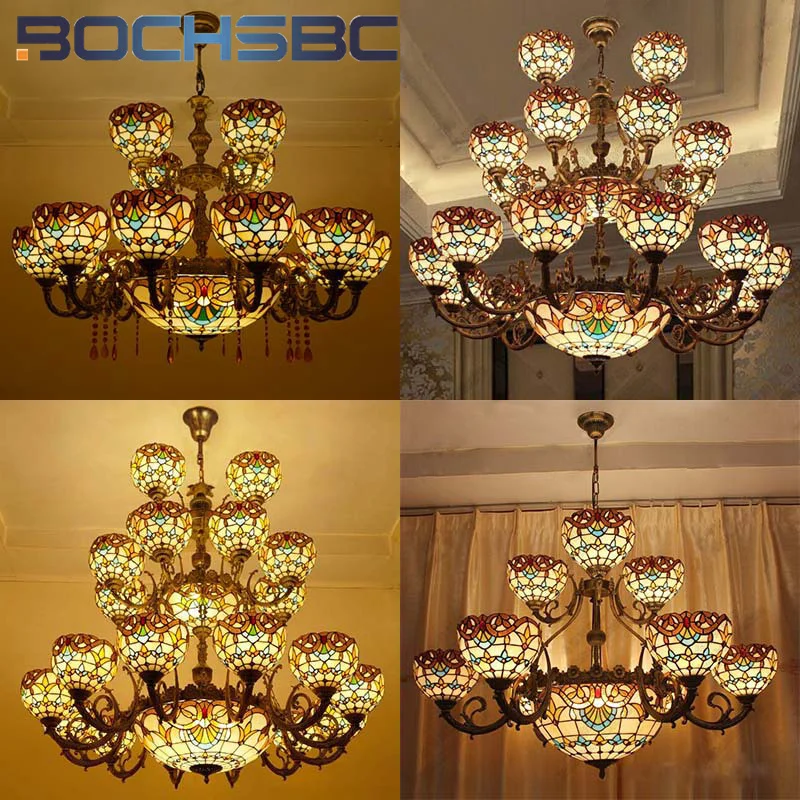 

BOCHSBC Tiffany stained glass yellow Baroque European chandelier hotel living room Dining room Villa Pendant lamp LED decor