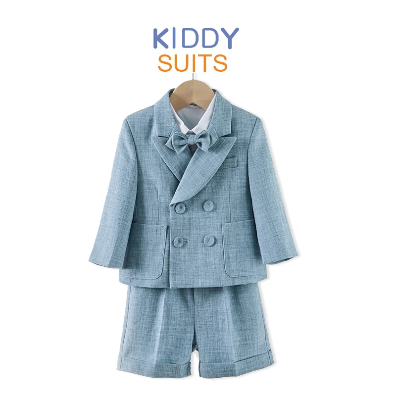 

Boys Suit For Weddings Birthday Little Boy Gentleman Outfit Formal Suits Children Blue Coat Strap Shorts Bow Tie Clothes Set