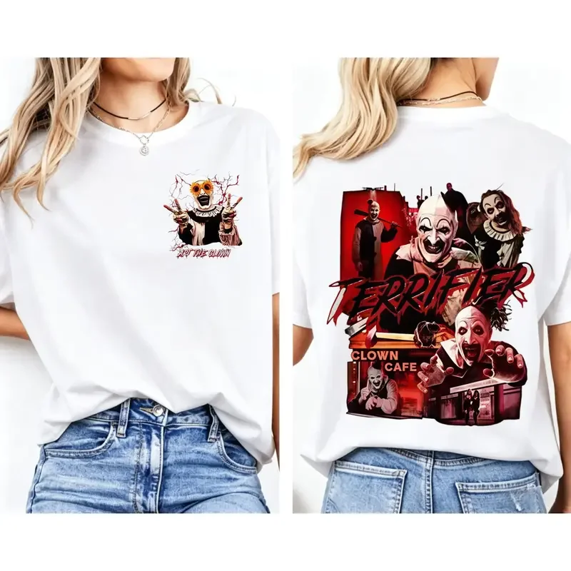 Men's Cotton Soft Streetwear Double Sided Print Terrifier Art The Clown T Shirt Horror Slasher Movie Halloween Character Top