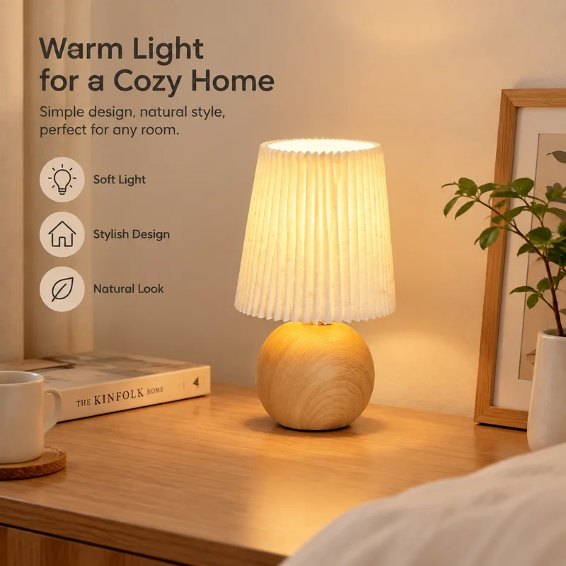 Table Lamp Vintage Japanese Pleated Fabric Wood Base Bedroom Office Night Light Desktop Decor Warm Ambient Bedside Home Lighting