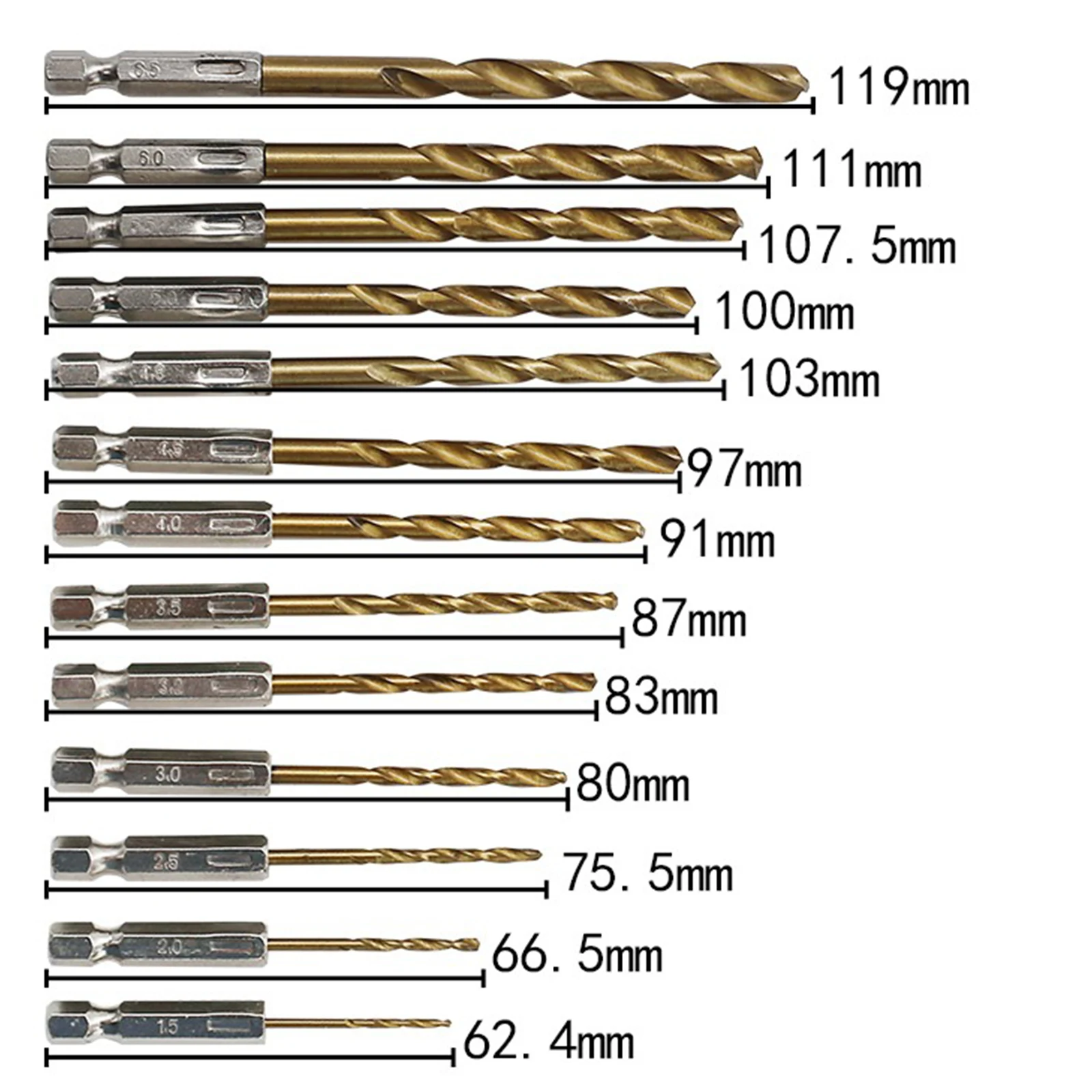 Set di punte da trapano con gambo esagonale 13 pezzi 1.5-6.5mm punte elicoidali HSS placcatura in titanio utensili per la lavorazione del legno punta da trapano in metallo con gambo esagonale 1/4 "s