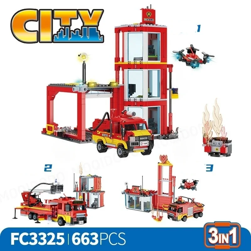 City Fire Station Building Blocks Toy 3IN1 Set with Firefighter Truck Fire Engine Rescue Drone DIY Bricks Toys for Kids Gifts