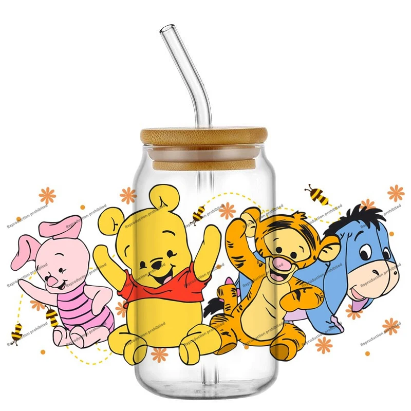Vendita calda Disney Cute Bear Winnie adesivi tazza di vetro da 16 once decalcomania impermeabile fai da te personalizzato confezione regalo artigianale creativa
