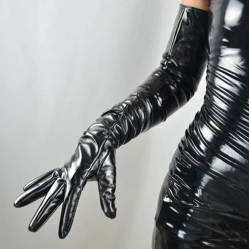 70cm Patent Leather Gloves Female Shiny Black Faux Real Leather PU Performance Photo Shoot Cosplay Women Gloves PU70-1