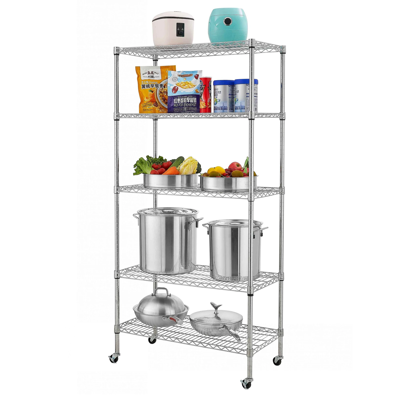 5-Tier NSF-Certified Steel Wire Shelving with Wheels Chrome  [US-Stock]