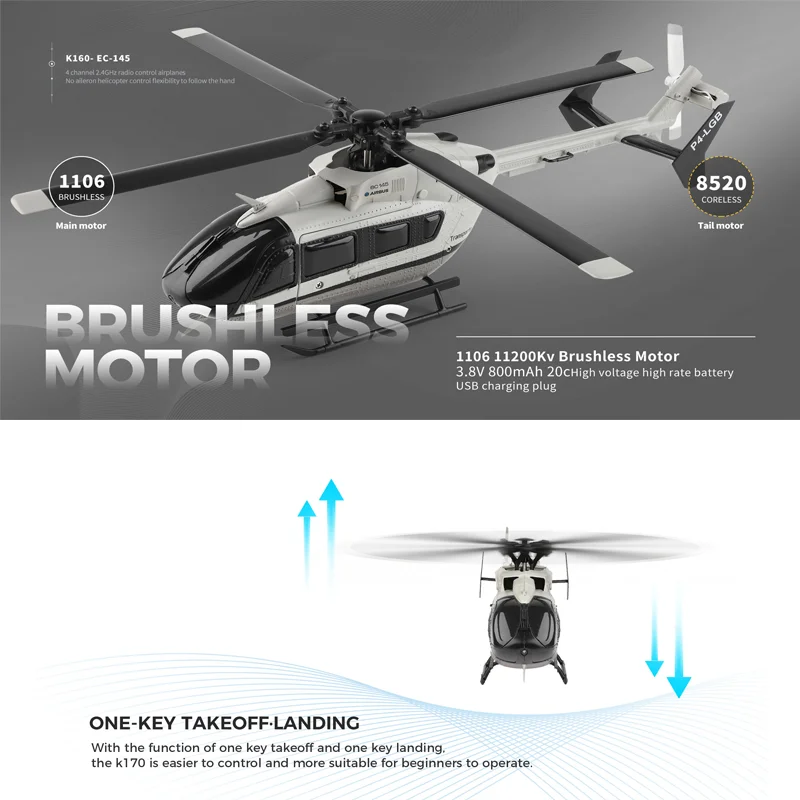Wltoys 2025 K160 Modello di elicottero RC Motore brushless a quattro vie Altezza che tiene simulazione EC-145 Senza alette Giocattoli telecomandati