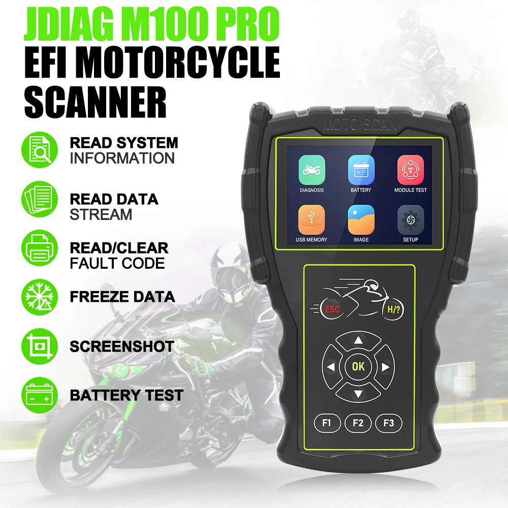 2026 Jdiag M100 Universal Motorcycle Scan Tool Diagnostic Scanner Support 12V Battery Tester