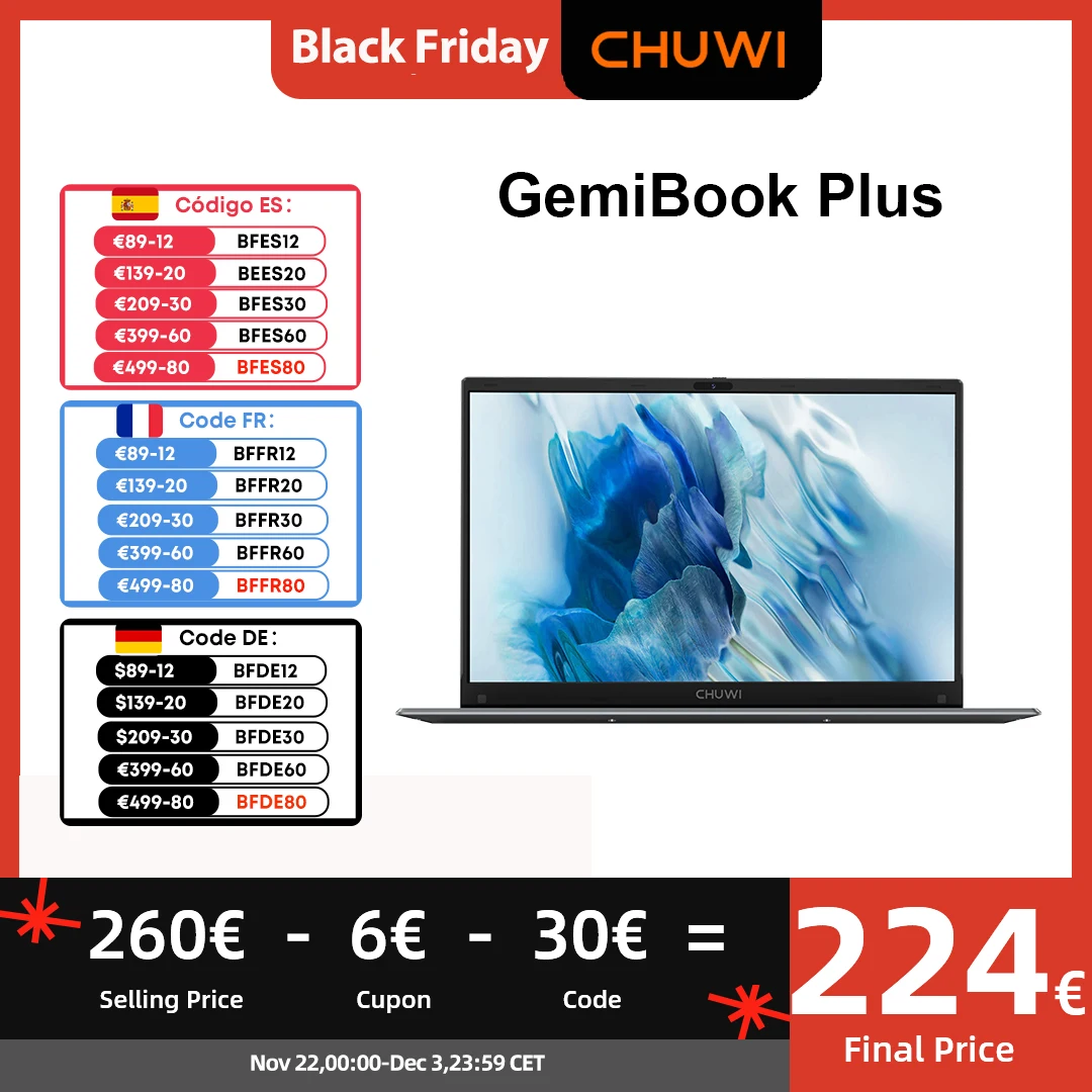 CHUWI GemiBook Plus Laptop Intel 12th N100 15.6 Inch 1920*1080 FHD Screen 8GB LPDDR5 256GB SSD Windows 11 WIFI 6 M.2 Up To 1T