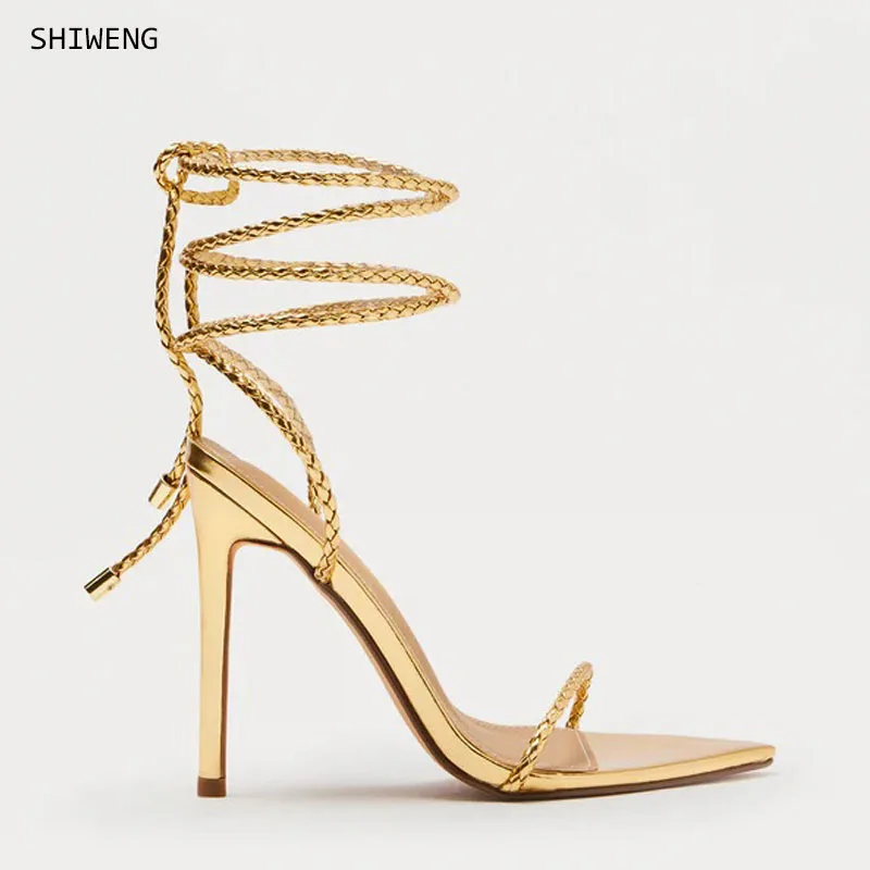

Новинка 2023 года, летние женские универсальные босоножки на высоком каблуке золотого цвета на тонком каблуке с перекрестным ремешком и одной пряжкой с открытым носком для женщин 44
