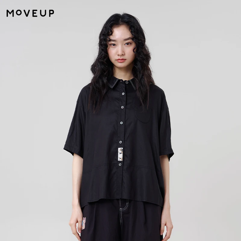 Женская блузка MOVEUP с отложным воротником и спущенными рукавами, летняя новинка 2026, однотонная, с карманом, декорати