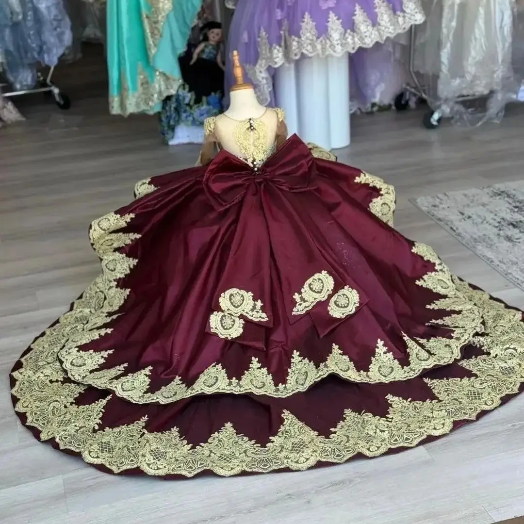Flower Girl Dresses for Wedding With Bow Lace Appliques Floor Length Girl Gown for Photoshoot First Communion Gowns Customized