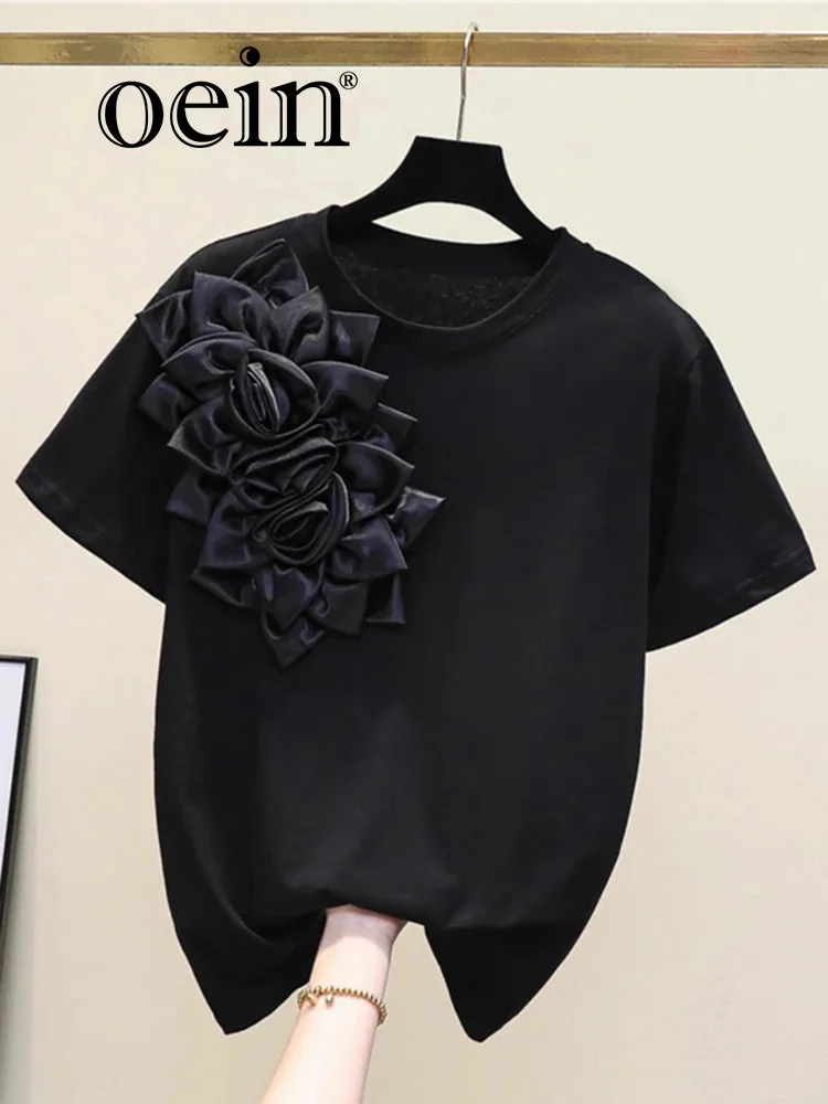 

[oein] Han Feng Chic Heavy Industry 3D Flower Pure Cotton T-shirt Women's Short Sleeved Hong Kong Style Design Sense