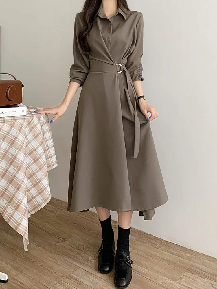 Chic automne couleur Pure longue Sve Midi Dr côté cravate taille manchette bouton unique Dr pour les jeunes femmes en chine
