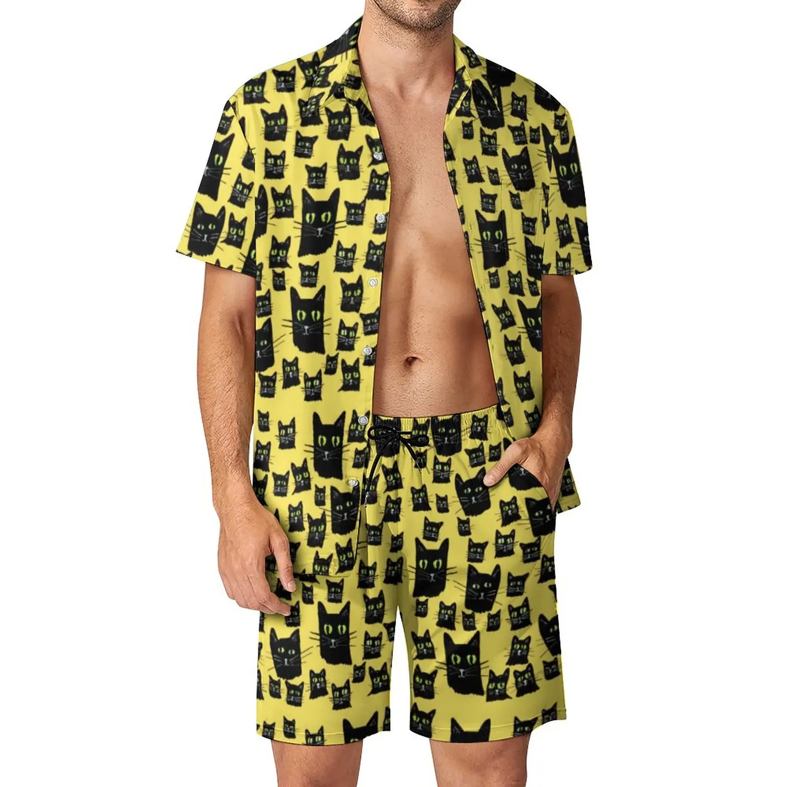 

Spooky Black Cat Men Sets Halloween 3D Print Casual Shirt Set Hawaiian Beachwear Shorts Summer Graphic Suit 2 Piece Clothing