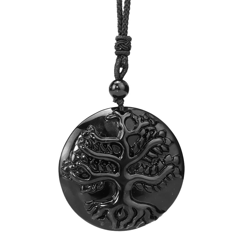 Natural Obsidian Laser Carving Tree of Life Pendant Necklace for Men Women Lucky Amulet Sweater Chain Meditation Jewelry Gifts