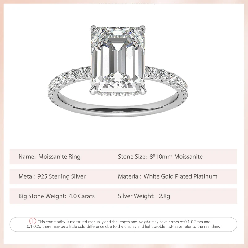 Follow Cloud 4.0 Carats Emerald Cut 8*10mm Moissanite Engagement 925 Sterling Silver Ring for Women Wedding Band Fine Jewelry