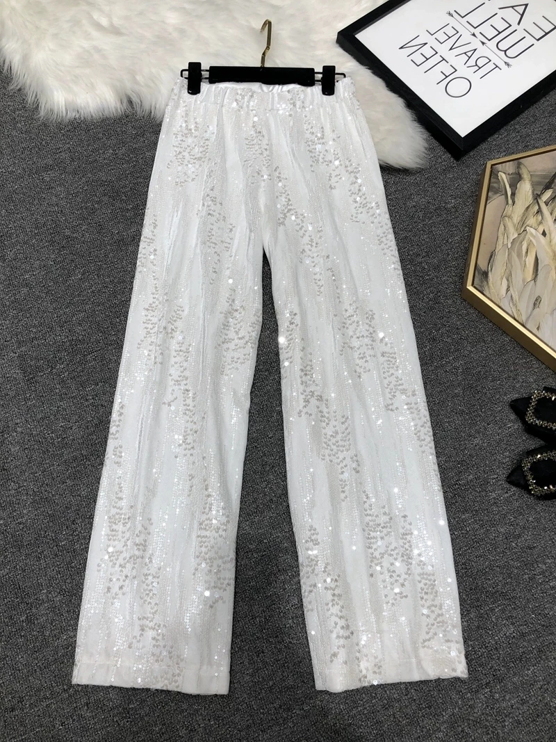 Sweet Pink Velvet Sequins Straight-Leg Trousers Women 2024 Autumn New Glossy Casual Mop Wide Leg Pants Korean Fashion Y2k Pants