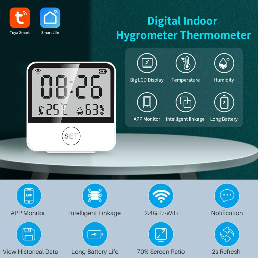 

TY-199 Tuya умный Wi-Fi датчик температуры и влажности с подсветкой ЖК-дисплей комнатный термометр метр поддержка Alexa