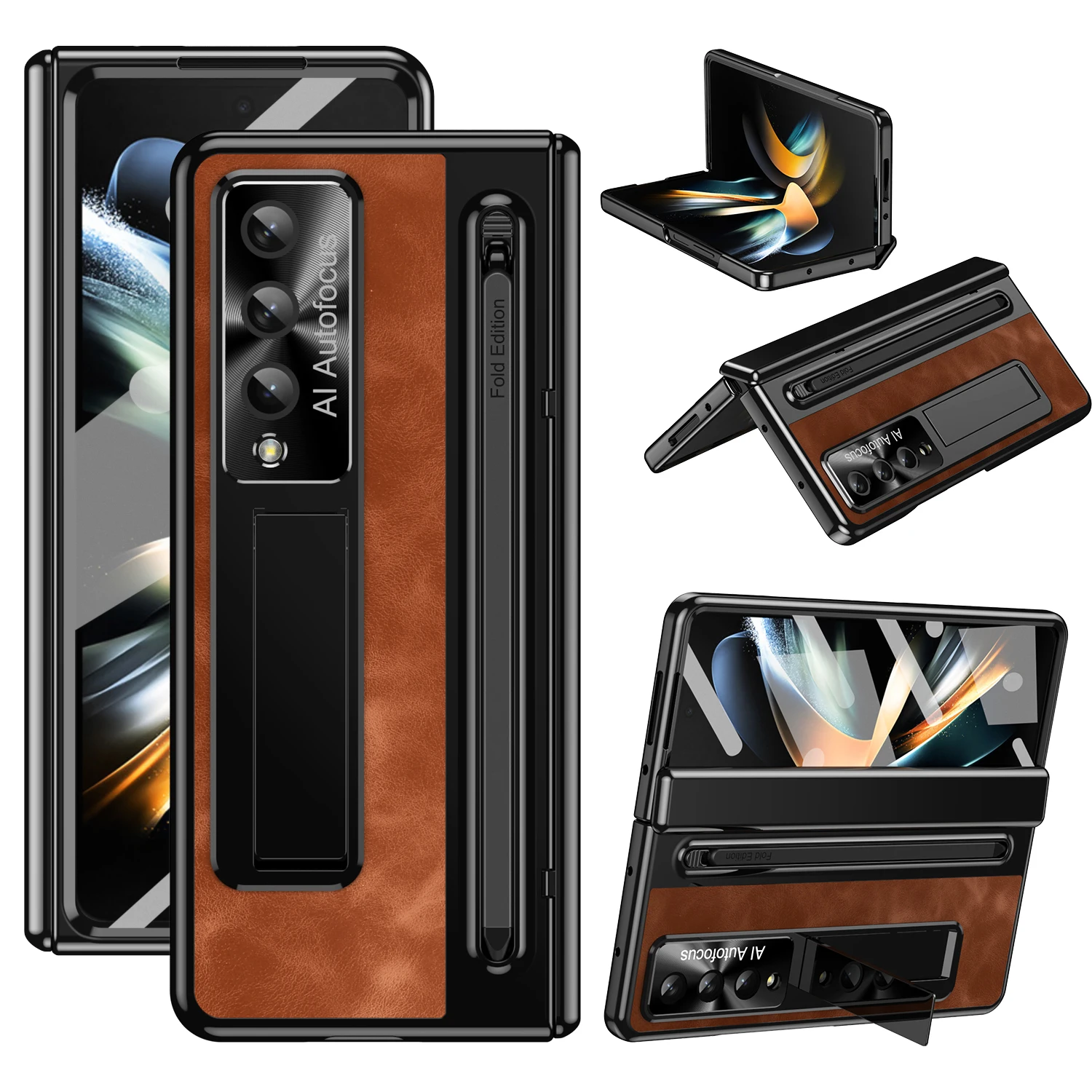 

Leather Bracket Pen Slot With Stylus Case For Samsung Galaxy Z Fold 5 4 5G Glass Screen Hinge Protection Cover For Z Fold4 Fold5