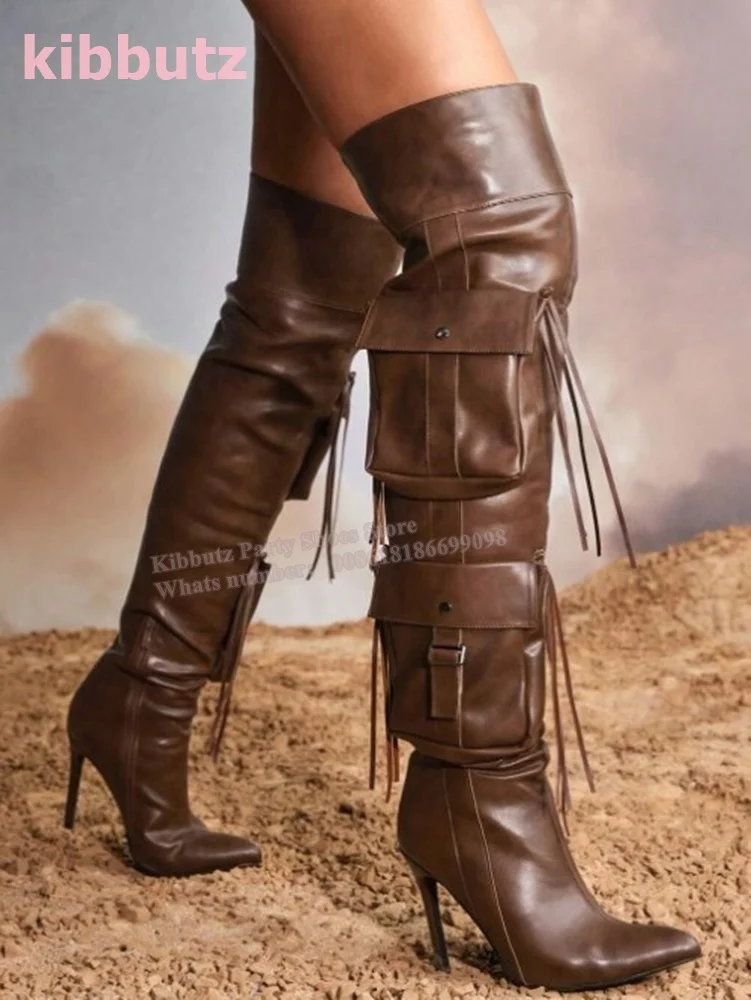 Fringe Pocket Over The Knee Boots Pointed Toe Thin Heel Rough Rider Genuine Leather Solid Color Side Zipper Fashion Sexy Shoes