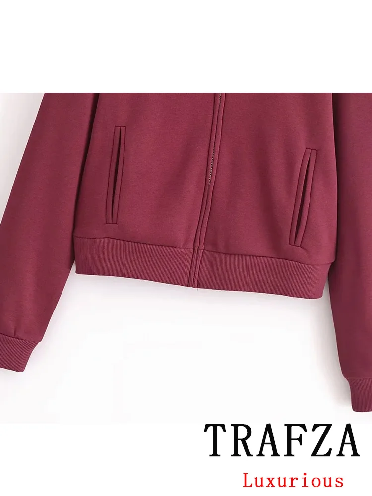 TRAFZA Vintage Casual Chic Women Suit Solid Stand Collar Zipper Top Loose Long Drawstring Pants New Fashion 2024 Holiday Sets