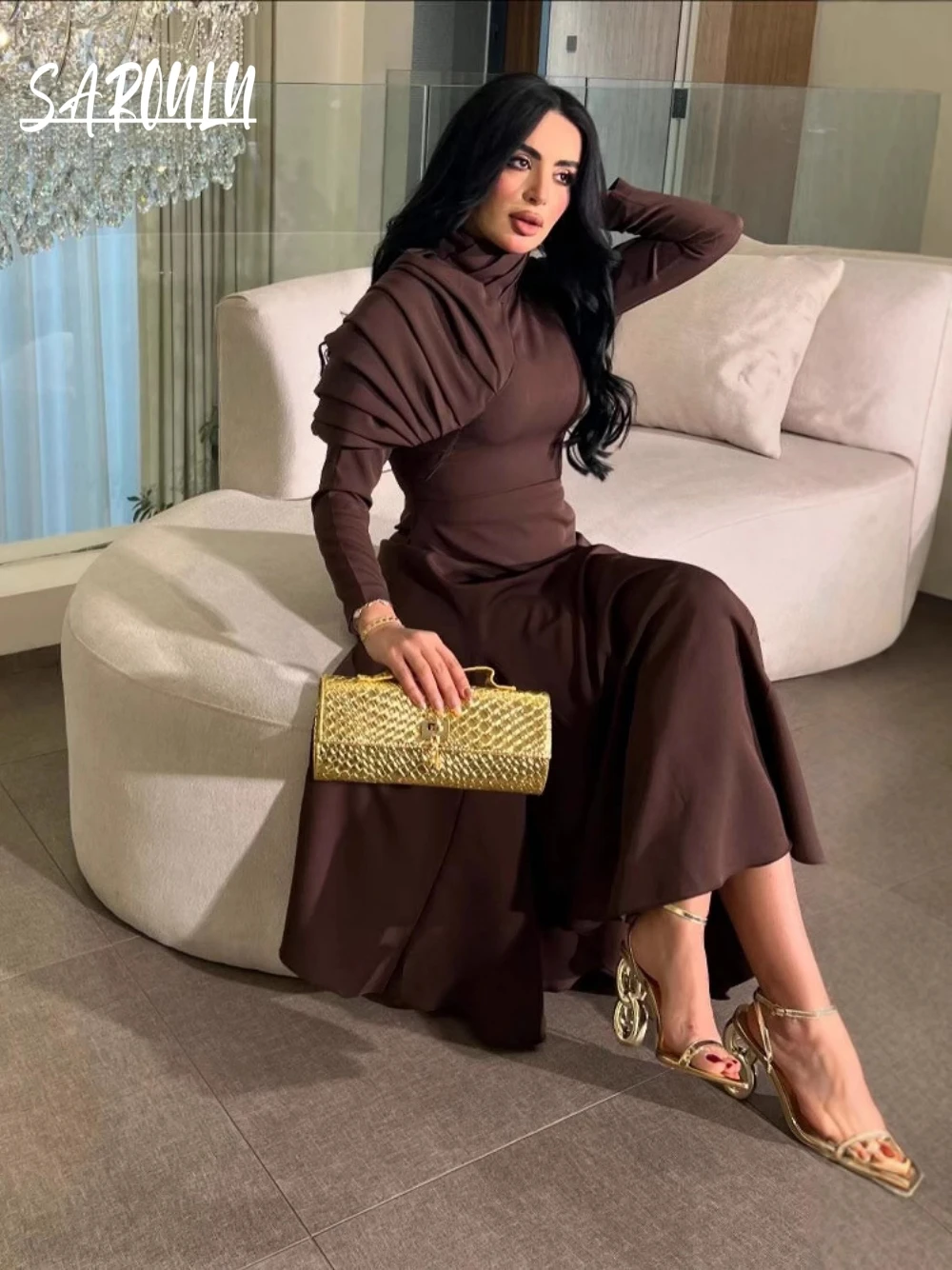 

Simple Coffee Big Swing Pleated Evening Dress Kaftan A Line Prom Gown Abaya Sexy Long Sleeves Popular Formal Party Wear